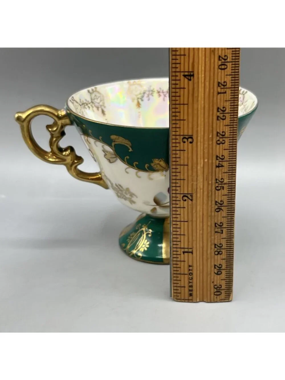 Vtg 50’s Lusterware Tea Cup Saucer Green Gold Trim Masculine Royal Sealy Japan